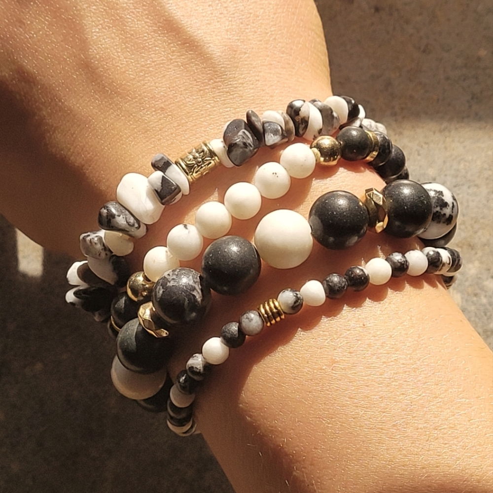 Black Agate Stone Bead Handmade Bracelet Set of 4